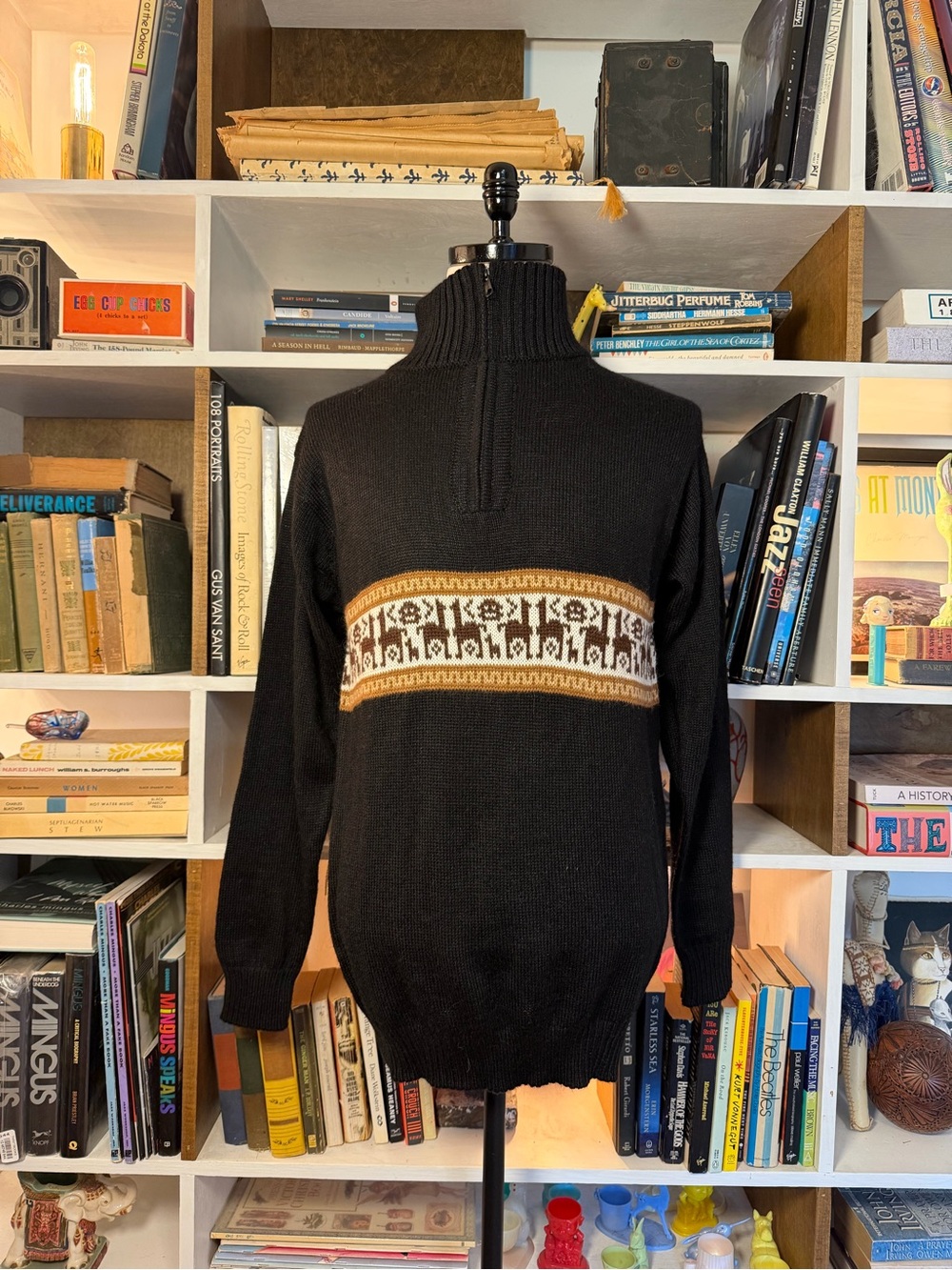 Men's Black Zip-Neck Sweater with Brown & Cream Fair Isle Band